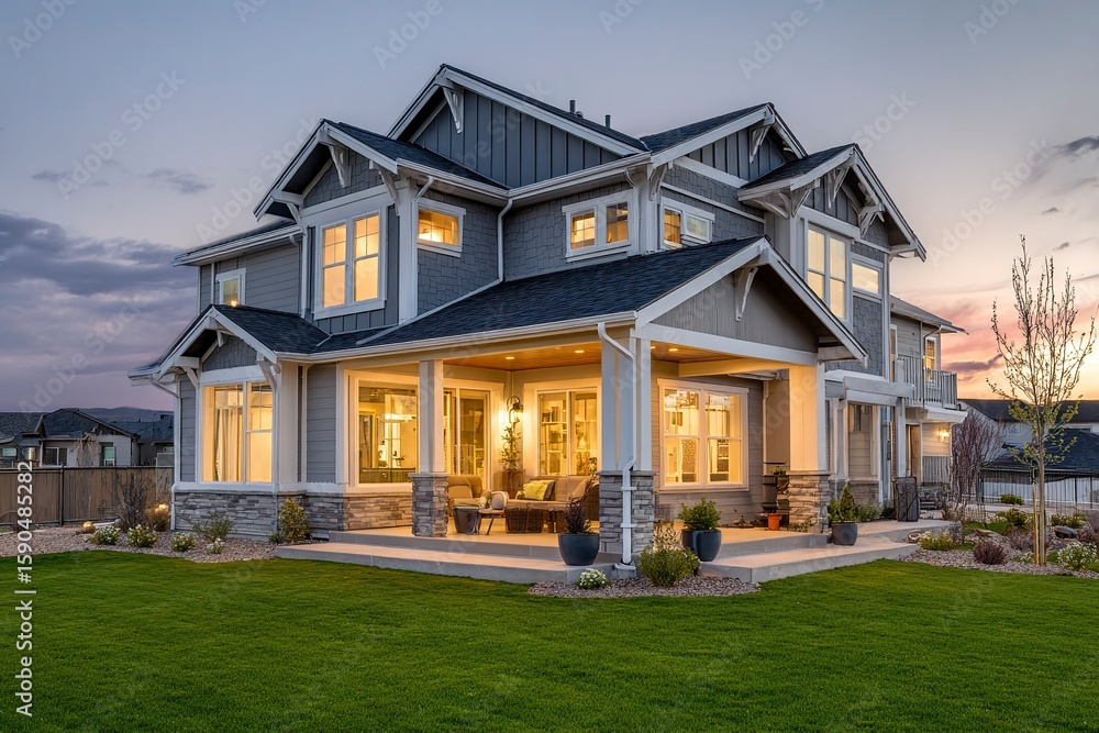 Obraz premium A beautiful home exterior at dusk with a front porch and patio lights on, a green grass lawn in the backyard of a luxury Craftsman-style house with white trim and grey shingle walls. 
