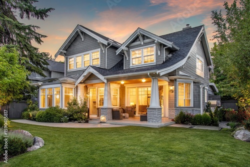 A beautiful home exterior at dusk with a front porch and patio lights on, a green grass lawn in the backyard of a luxury Craftsman-style house with white trim and grey shingle walls. 