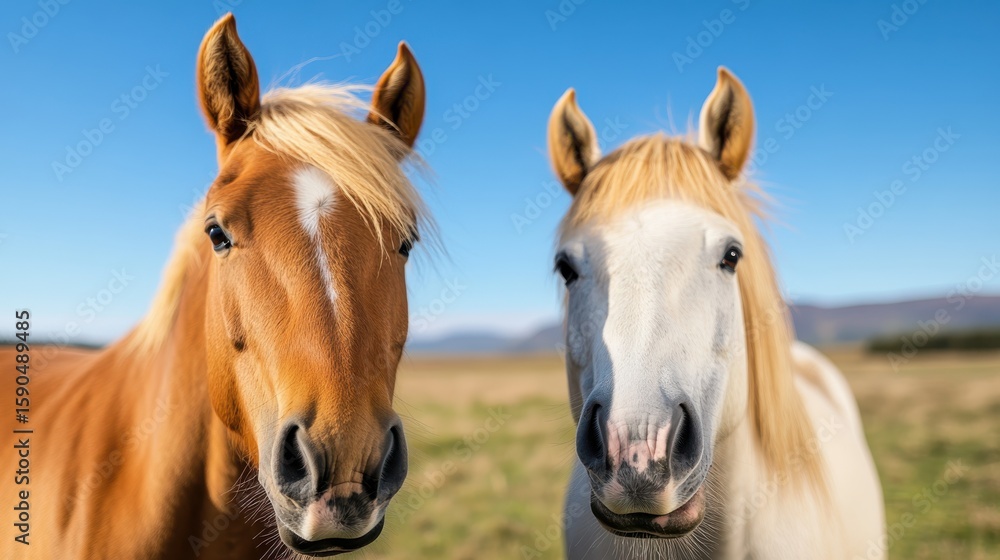 Fototapeta premium Majestic horses court on Icelandic plains under a clear blue sky
