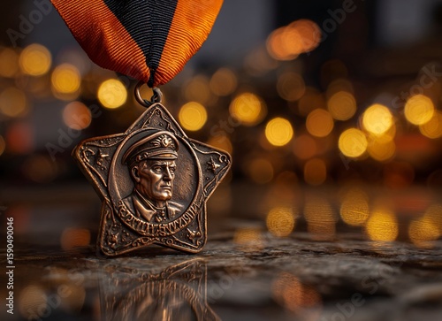 A star-shaped medal with the portrait of a soldier, with glowing lights on a blurred background. There is also an orange and black ribbon in front of it, which represents military glory or victory dur