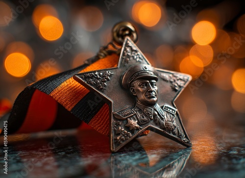 A star-shaped medal with the portrait of a soldier, with glowing lights on a blurred background. There is also an orange and black ribbon in front of it, which represents military glory or victory dur