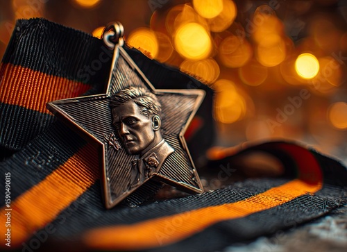 A star-shaped medal with the portrait of a soldier, with glowing lights on a blurred background. There is also an orange and black ribbon in front of it, which represents military glory or victory dur