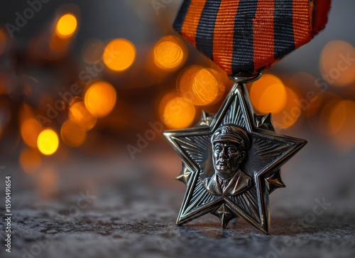 A star-shaped medal with the portrait of a soldier, with glowing lights on a blurred background. There is also an orange and black ribbon in front of it, which represents military glory or victory dur