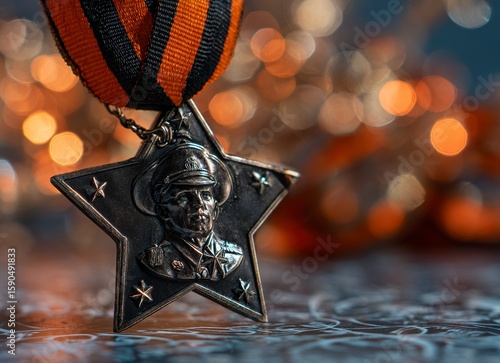 A star-shaped medal with the portrait of a soldier, with glowing lights on a blurred background. There is also an orange and black ribbon in front of it, which represents military glory or victory dur
