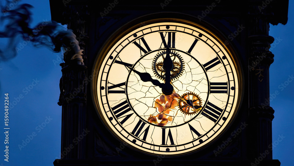 Fototapeta premium Damaged Clock Face with Exposed Gearwork
