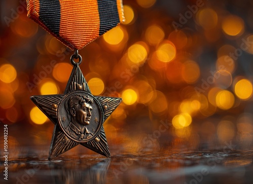 A star-shaped medal with the portrait of a soldier, with glowing lights on a blurred background. There is also an orange and black ribbon in front of it, which represents military glory or victory dur