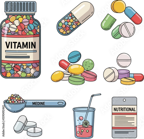 Illustration of a vitamin bottle, capsules, pills, spoon with medicine, juice, and nutritional information card on a white background.