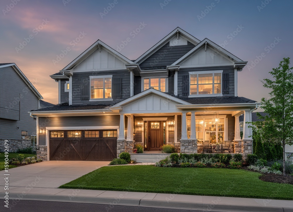 Beautiful home exterior with gray shingles and white trim, large front porch, stone accents, garage door, green grass in the yard at dusk, blue sky. Beautiful home exterior with gray shingles and white trim, large front porch, stone accents, garage door, green grass in the yard at dusk, blue sky.