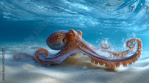 An octopus resting on the sandy ocean floor with clear blue water above and gentle waves visible