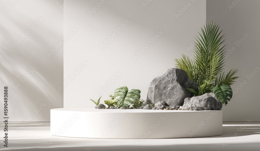 Fototapeta premium Minimalist white circular platform with grey rocks, tropical plants, and small pebbles, bathed in sunlight against a white wall