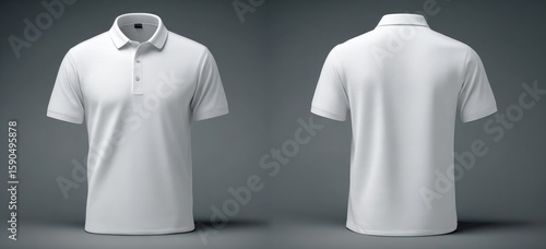 Plain white men's short-sleeve polo shirt shown from front and back against a dark gray background