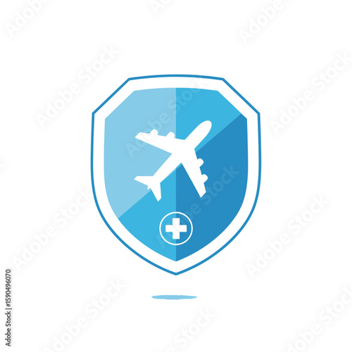 Airplane icon inside a blue shield representing safety and travel protection.