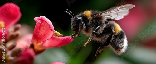 Bumblebee in flight pollinating a vibrant red flower with closeup macro nature image.
