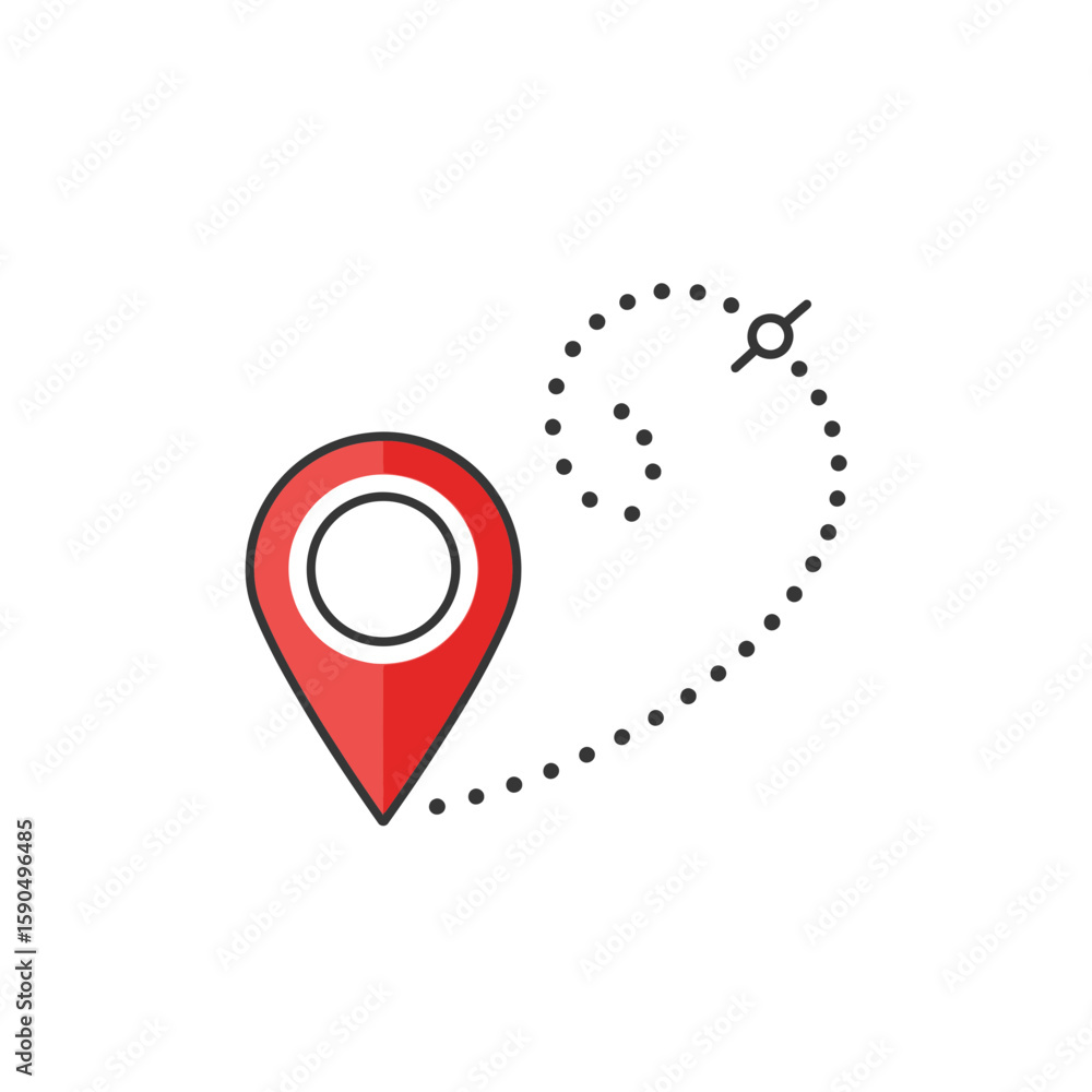 Fototapeta premium Red location pin with a dotted line indicating a travel route or destination.