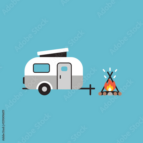 Cartoon camper and teepee on a blue background suggesting camping outdoors.