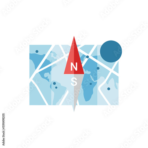 A compass points north on a world map indicating direction and travel.