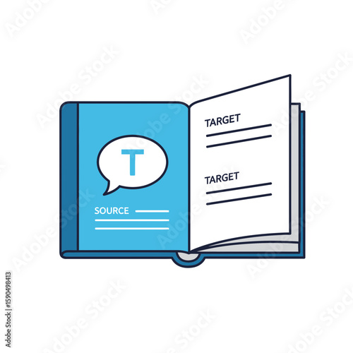 An open book illustration with text and a speech bubble icon on the cover.