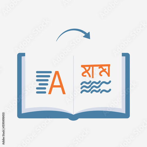 An open book with text representing translation between two languages.