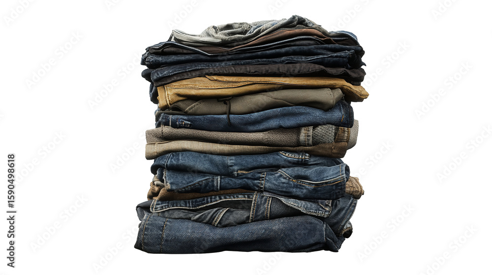 A neatly stacked collection of denim jeans capturing everyday memories and comfortable styles on transparent background A neatly stacked collection of denim jeans capturing everyday memories and comfortable styles on transparent background