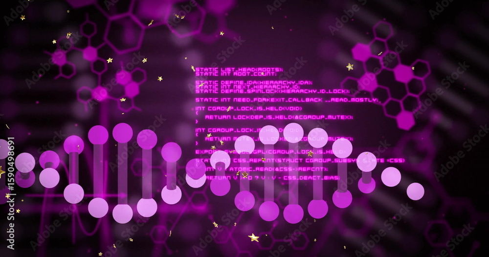 Naklejka premium Displaying stylized DNA helix of circles in data field with hexagonal pattern, stars, code snippets