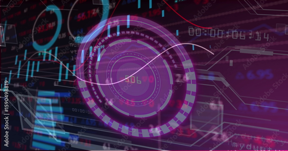 Obraz premium Displaying digital interface featuring circular HUD at center on screen, with streaming analytics