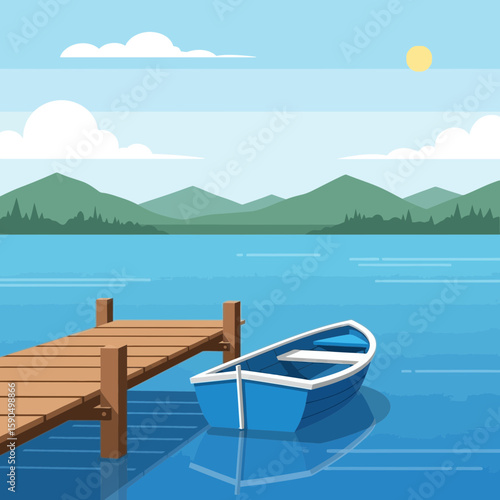 A blue boat floats near a wooden dock on a lake with mountains in the