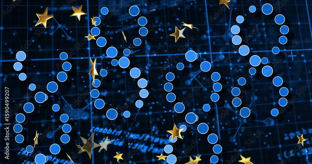 Naklejka premium Floating blue nodes and golden stars over dark blue grid, showing code text and network lines