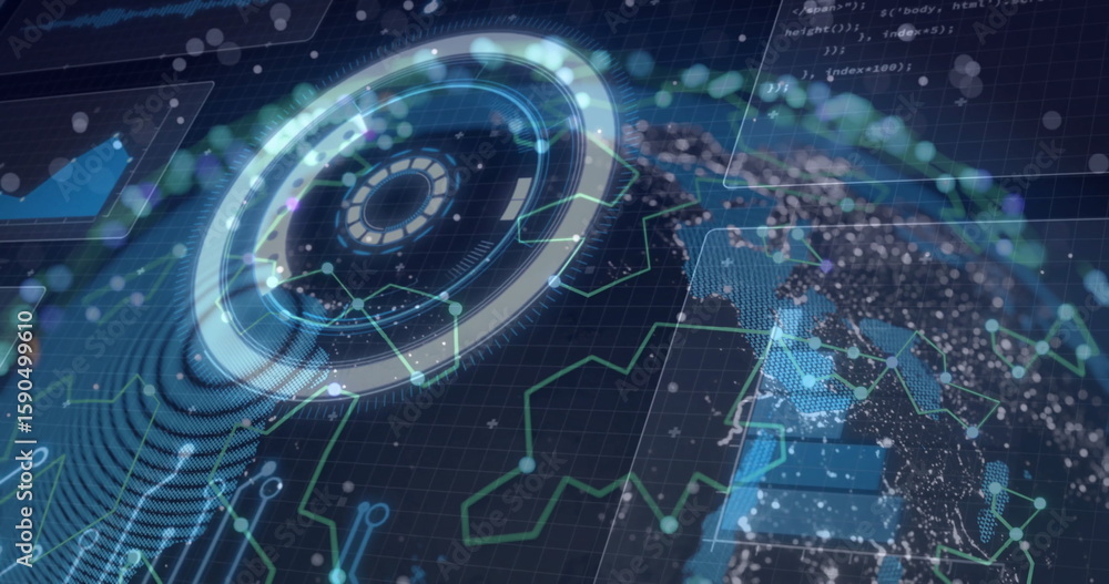 Fototapeta premium holographic ring spinning in control center, with network data nodes, UI code panels, 3D Earth mesh