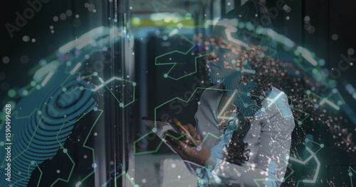 Wallpaper Mural Using tablet IT professional navigating server rack corridor with holographic globe, copy space Torontodigital.ca