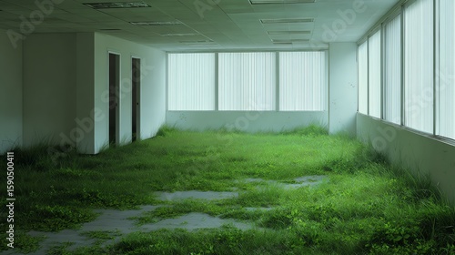 An abandoned office space overtaken by green grass and natural light through large windows, blending indoor environment with nature.
