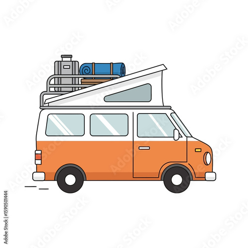 Orange and white campervan with roof rack and pop-up top on white background.