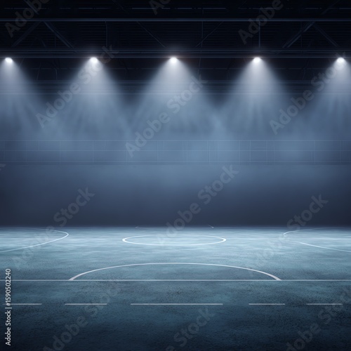 An empty indoor sports court illuminated by overhead lights, with visible court markings and a foggy atmosphere.
