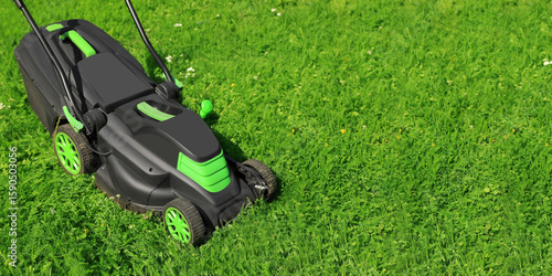 Tableau sur toile Lawn mower on lush bright green grass outdoors, banner design