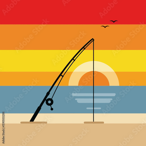 Fishing rod on beach with sunset over water illustration in flat design.