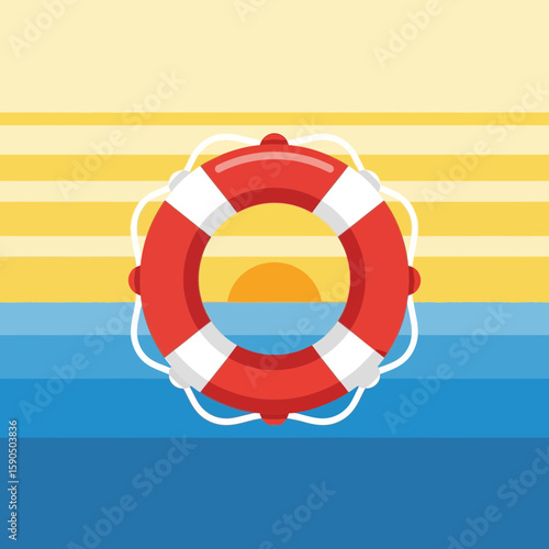 Lifebuoy floating on blue water with yellow beach and sun background.