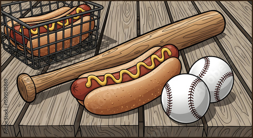 Classic Baseball Game Day Essentials: Hot Dogs, Bat, and Baseballs on Wooden Table Illustration