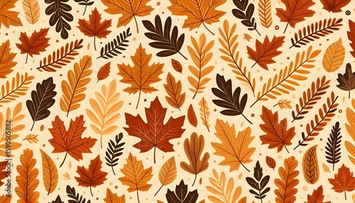Warm-colored oak and maple leaves repeat across a flat autumn background with vector-style minimal illustration