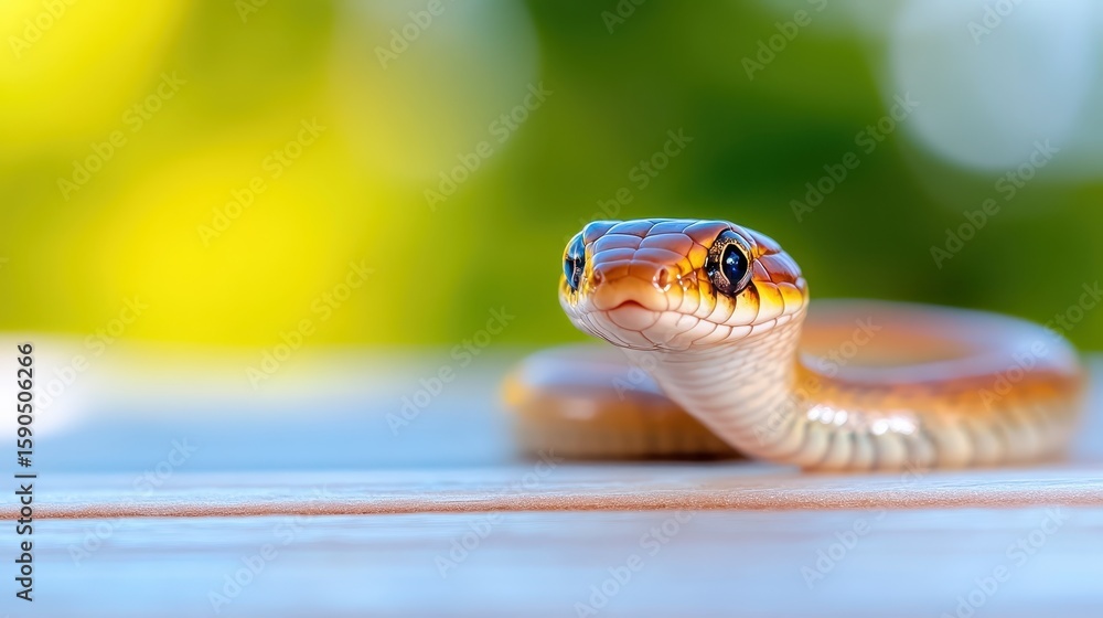 Fototapeta premium Slow worm glides gracefully along sun-kissed wooden surface in nature