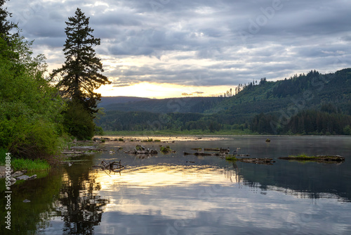 Sunrise at Kapowsin Lake, Washington with Great Blue Heron in Background
