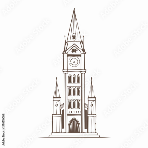 Tall gothic clock tower with spire and old roman dial, drawn in elegant vertical vector structure.