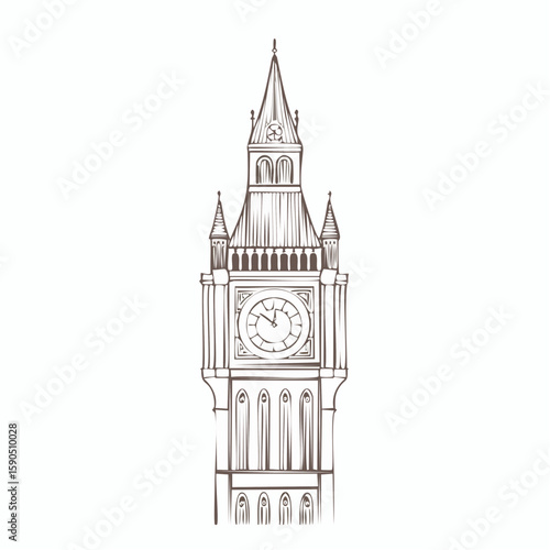 Tall gothic clock tower with spire and old roman dial, drawn in elegant vertical vector structure.