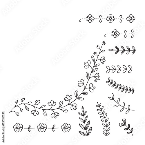 A collection of delicate handdrawn floral and leafy botanical elements, perfect for decorative borders and accents