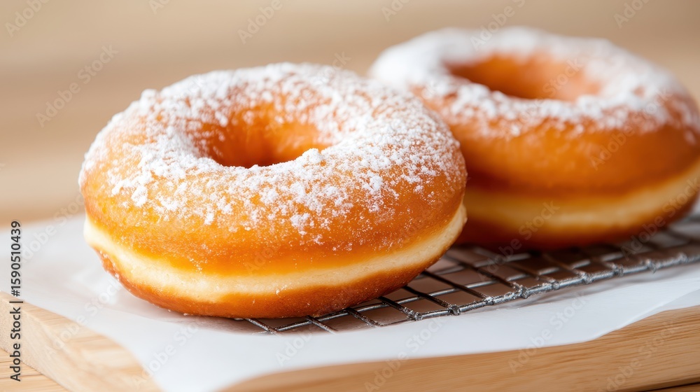 Delicious doughnuts resting on a baking grid to cool after frying Delicious doughnuts resting on a baking grid to cool after frying