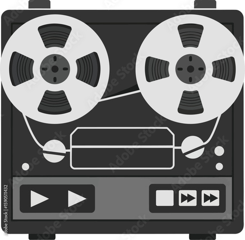 Vintage reel-to-reel audio recorder with two spools of tape and playback controls, suggesting analog sound recording and playback.