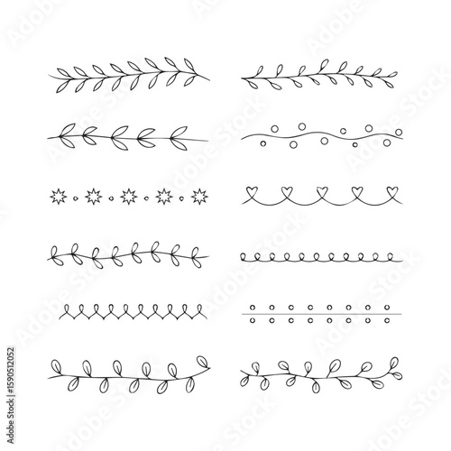 A collection of ten handdrawn decorative dividers and borders featuring leaves, vines, hearts, stars, and dots, perfect for adding a touch of elegance to any design