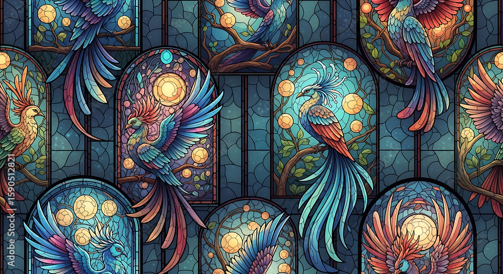 Obraz premium Colorful stained glass showcases vibrant exotic birds in a seamless pattern, perfect for backgrounds, textiles, and creative designs.
