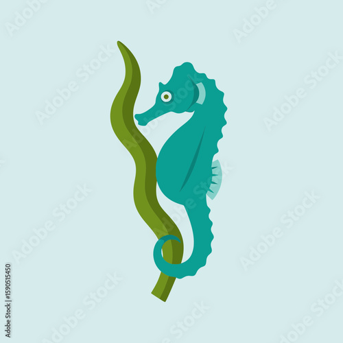 Cartoon seahorse clinging to green seaweed on a light blue background.