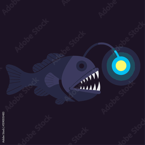 Anglerfish with glowing lure in dark deep sea environment illustration.