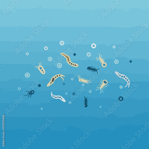 Microplastics and plastic debris floating in blue water illustration pollution concept.
