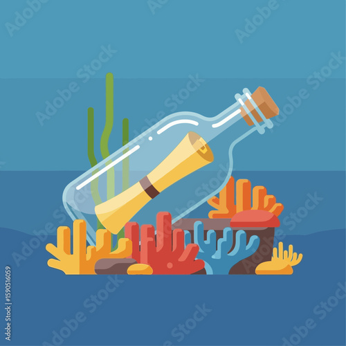 Message in a bottle underwater with coral and seaweed on a blue background.